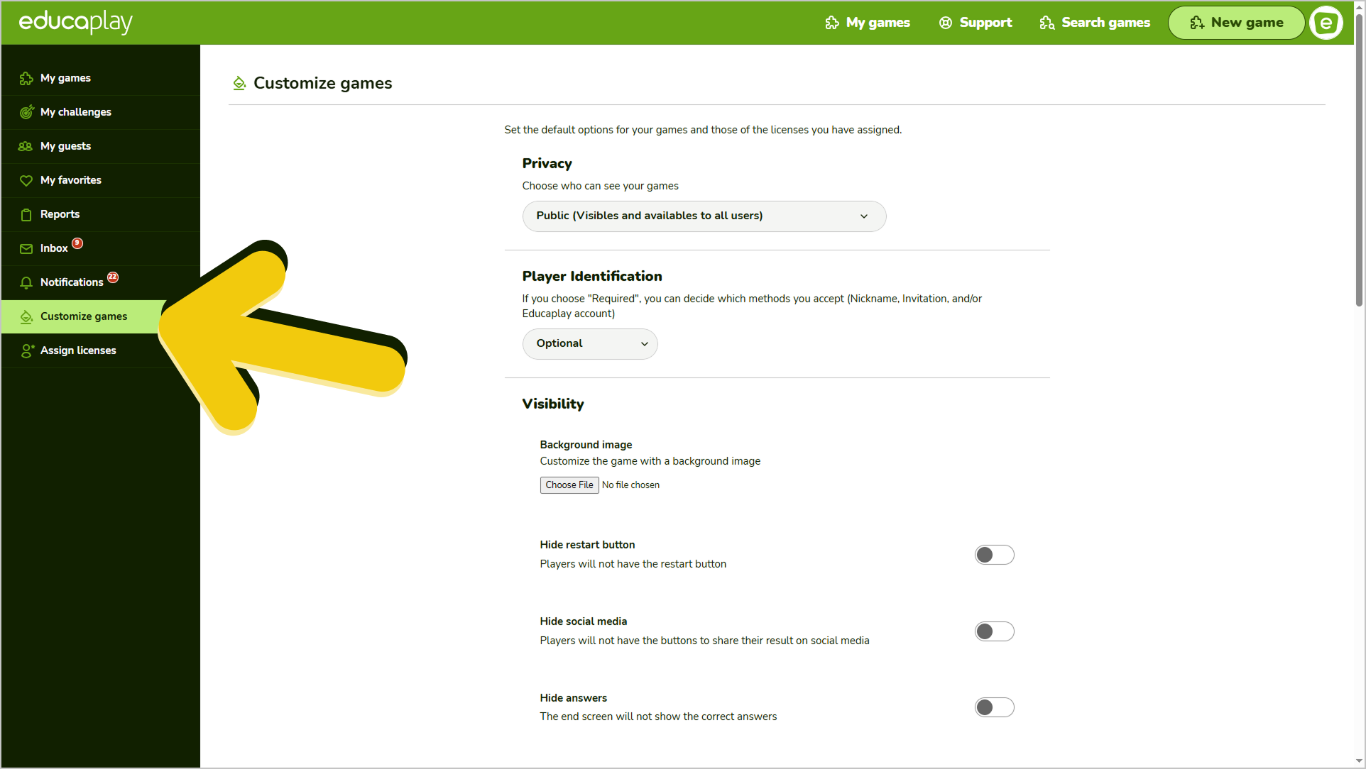 Customize games dashboard to set common options