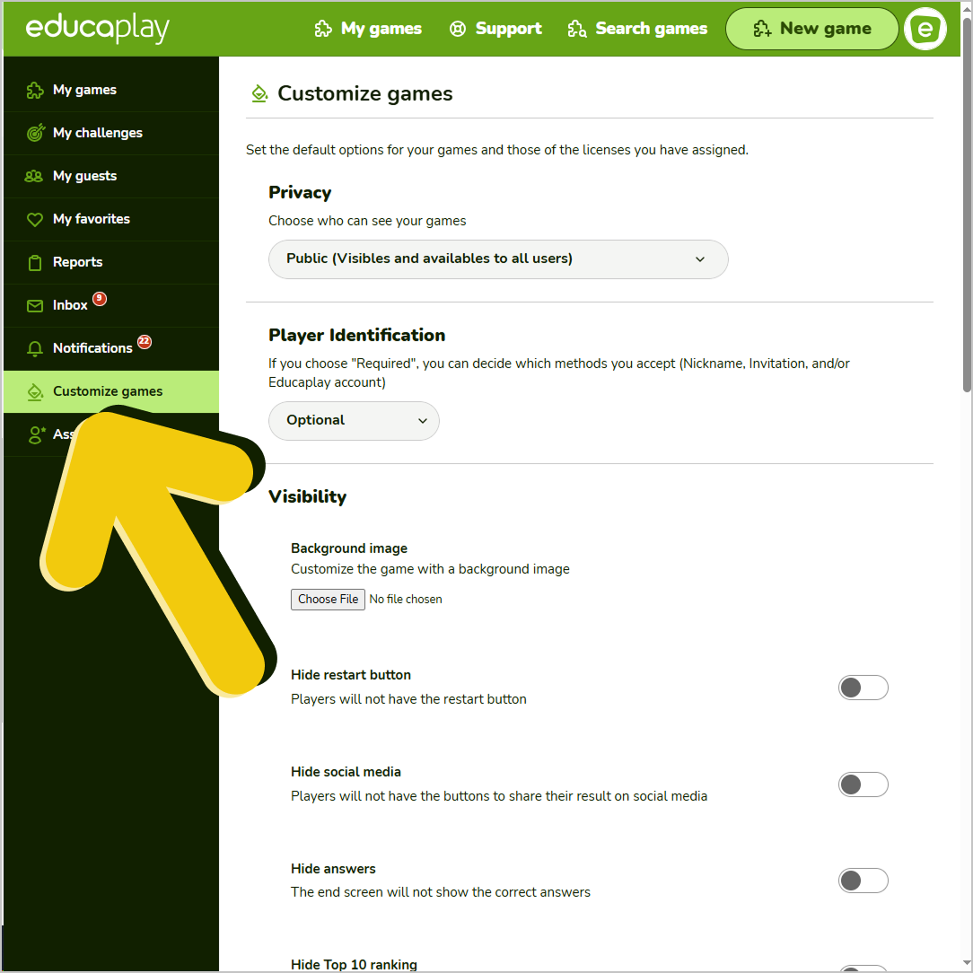 Customize games dashboard to set common options (square)