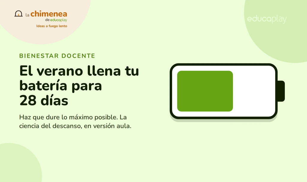 Ilustración de una batería a media carga: la recarga del verano docente dura unas cuatro semanas