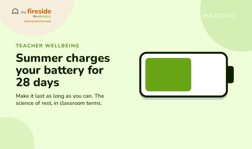 Half-charged battery illustration: a teacher's summer break recovery lasts about four weeks