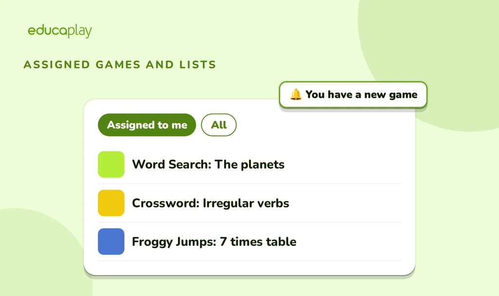Games assigned to an Educaplay guest, with the new-game notice