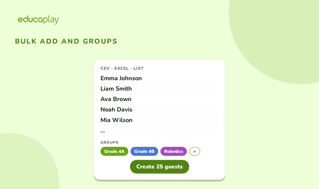 Adding guests from a list on Educaplay, with their groups